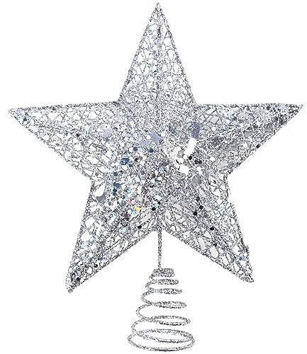 KEYIDO Silver Star Christmas Tree Topper, Large Metal Silver Glitter Christmas Star Tree Topper, 3D Xmas Tree Star Topper, 9.5 Inch