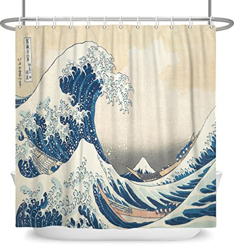 SDOTPMT 180x198cm Japanisch Ozean Wellen Duschvorhang Abstrakt Meer Welle Hölzern Boot Badevorhang Ukiyo-e Thema Fuji Berg Badewannenvorhang für Badezimmer Polyester mit Haken