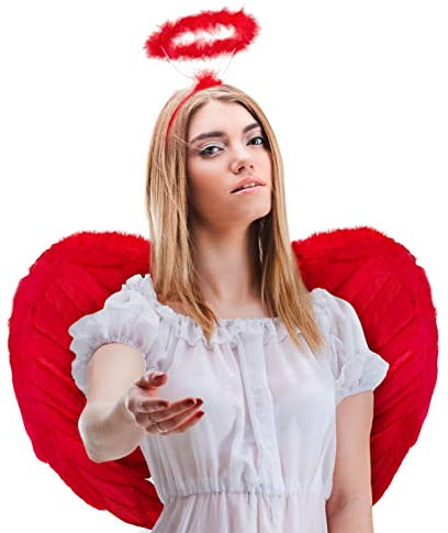 Set avec ailes d'ange + serre-tête ange | serre-tête | ailes d'ange | Cupidon | ailes de plumes | enfant Jésus comme accessoire pour le costume féminin Halloween | Carnaval | Fête à thème (rouge)