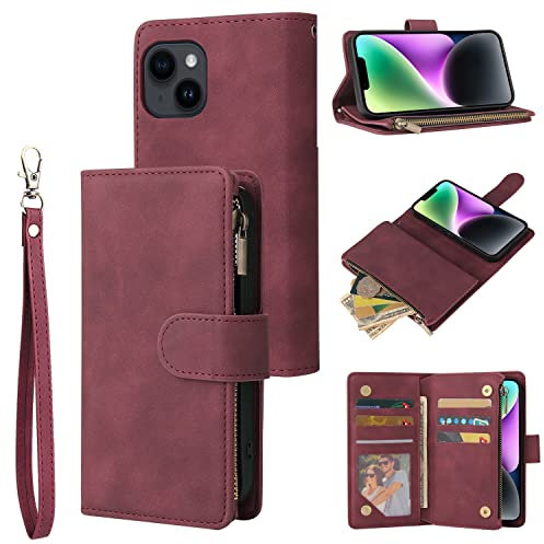 QLTYPRI Case for iPhone 14, Large Capacity Leather Wallet Case 6 Card Holder & 1 Zipper Pocket Kickstand Wrist Strap Magnetic Case for iPhone 14 - Wine Red