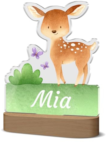 CHRISCK design Individuelle Schlummerlampe mit buntem Reh Motiv und individuellem Namen - mit beleuchtetem Holzsockel und Kabel | für kleine und große Kinder