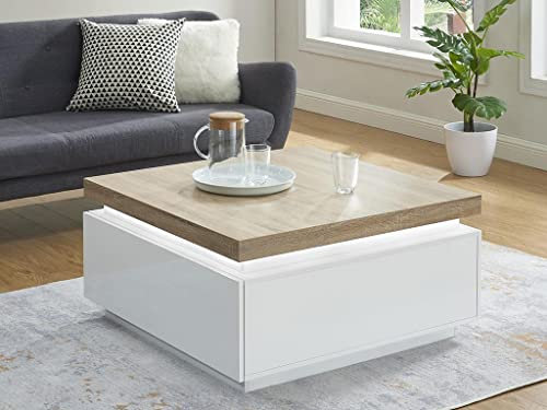 Vente-unique - Table Basse Halo II - 2 tiroirs - MDF laqué - avec LEDs - Blanc et Chêne