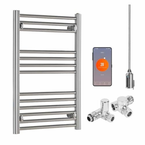 Bray Straight Chrome R4 Wifi Dual Fuel Thermostatic Heated Towel Rail/Warmer/Radiator With Timer. Round Tube Ladder Design, 800 x 400