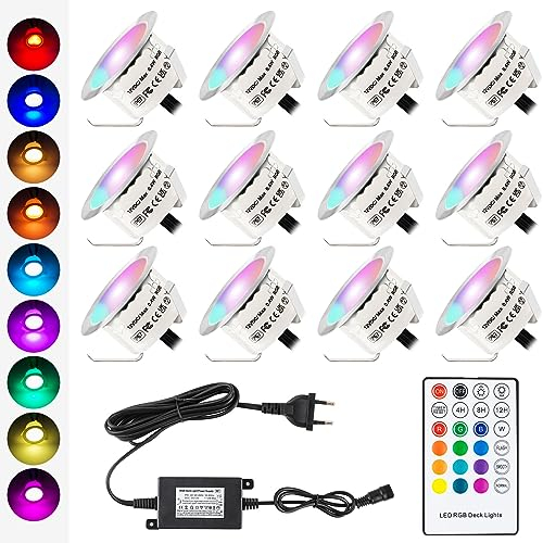 dystaval Faretti da incasso a LED RGB da incasso per esterni, 12 V DC, 0,8 W, Ø 42 mm, con telecomando, dimmerabili, impermeabili IP67, per esterni, cucina, giardino, vialetto e ponte in legno, 12