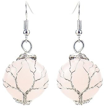 Boucle d'oreille Pierre, Boucles d'oreilles Pendantes en Quartz Rose Naturel avec Enroulement De Fil Arbre De Vie Pendentif Rond Pendantes Boucles d'oreilles Crochet Équilibre en Cristal Chakra Bij
