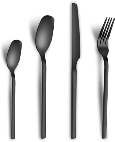 Besteck Set Schwarz 24 teilig, Edelstahl Besteck Set Titanium schwarz plattiert, mit Messer Gabel Löffel, für für Haus/Party/Restaurant, Spülmaschinenfest & Rostfrei