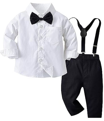Baby Jungen Taufanzug Gentleman Bekleidungssets,Kinder Festliche Kleidung 4tlg Langärmeliges Shirt + Hosen + Hosenträger + Krawatte