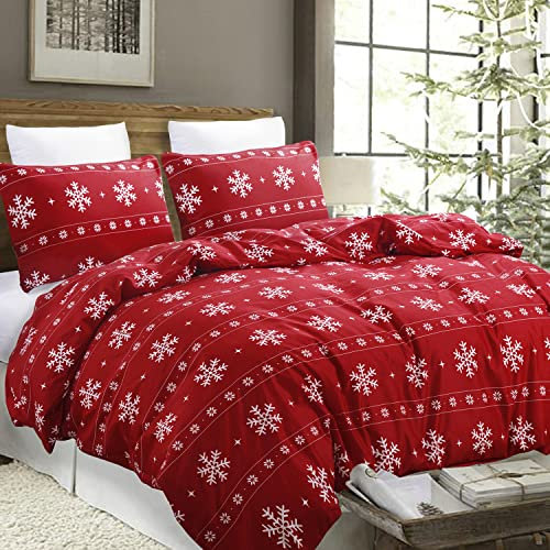 YEPINS Soft Christmas Bedding Duvet Cover Set for Christmas New Year Holidays, Snowflake Reindeer Striped Pattern Design, Red Colour- Brushed Microfiber King Size Quilt Cover Set