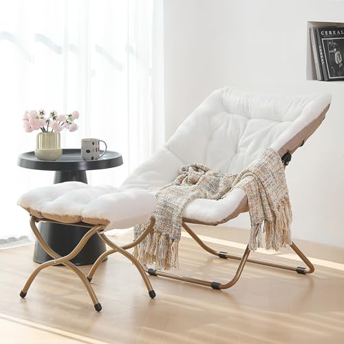 Furlide Saucer Chair with Ottoman, Comfy Bedroom Chairs, Oversized Folding Faux Fur Chair, Foldable Metal Frame Chair for Bedroom, Living Room (White)