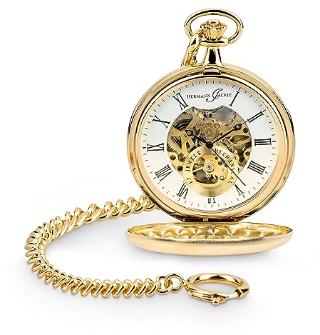 Hermann Jäckle Heidelberg Vergoldet Klassische Taschenuhr | Mineralglas | Handaufzug Kette und Reiseetui