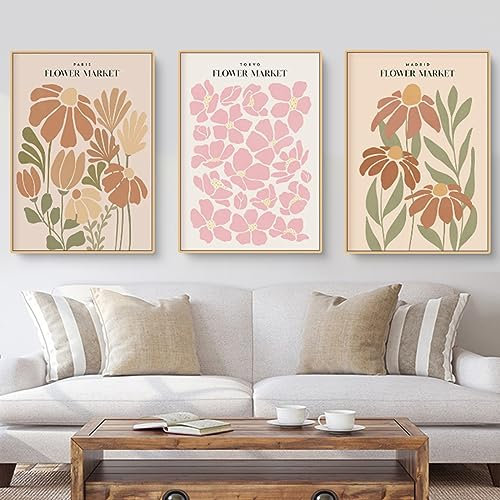 3er FLOWER MARKET Poster 50×70 Stilvolles Blumen Bilder Set Kunstdrucke Bilder Moderne Vintage Bilder Wanddeko Ohne Rahmen Premium Poster Set Für Wohnzimmer Schlafzimmer Esszimmer (40*60cm)