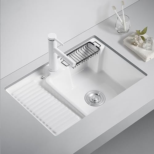 Lavandino rettangolare in ceramica bianca,lavandino del bagno,lavatoio lavanderia,Con rubinetto e scarico bianchi, adatto per balcone di appartamenti familiari, lavanderia, cortile esterno, garage ( S