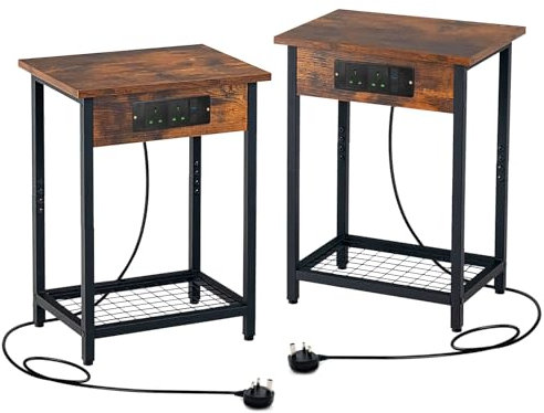 COSTWAY Bedside Tables Set of 2, Industrial Nightstand Sofa Side Table with Charging Station, 2 AC Outlets, 2 USB Ports and Storage Shelf, Narrow Accent End Table for Living Room Bedroom, 40x30x54cm