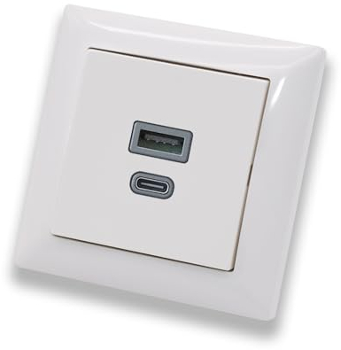 EBROM USB-C und USB-A Unterputz Steckdose/Lader, 45+15 Watt Leistung – Schnellladefunktion für Wearables, Smartphones und Tablets mit Busch Jäger Balance Si Rahmen alpinweiß 1721-914