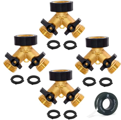 Morvat Robuster 2-Wege-Y-Verteiler aus Messing und Gummi, Gartenschlauchverbinder mit komfortablem Griff, Absperrventile, Adapter für Wasserhahn, Auslass und Zapfhahn, inklusive 8