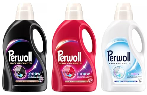 PERWOLL Flüssig-Set 3x 27 Waschladungen (81WL) 1x Black & 1x Color & 1x Helles, Feinwaschmittel-Set reinigt sanft und erneuert Farben/Weiß und Fasern, mit Dreifach-Renew-Technologie