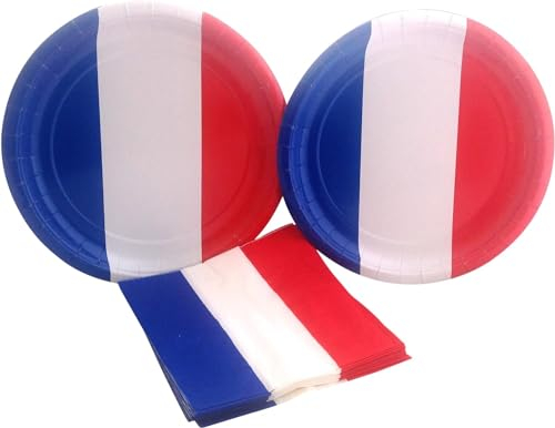 Lot de 50 assiettes à dessert, tasses et serviettes en papier Motif drapeau français Bleu/blanc/rouge