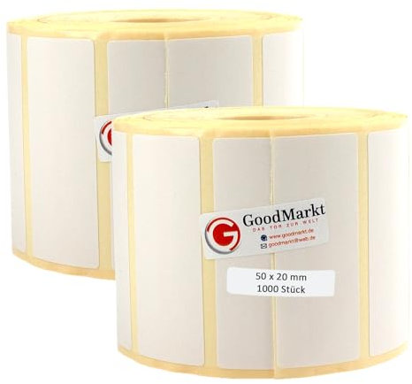 Étiquettes thermiques directes GoodMarkt autocollantes | 50x20 mm 2 rouleaux, blanc, 2000 étiquettes | Compatible avec Brother, Zebra, Phomemo | Etiquettes maison, étiquettes code barre, étiquettes