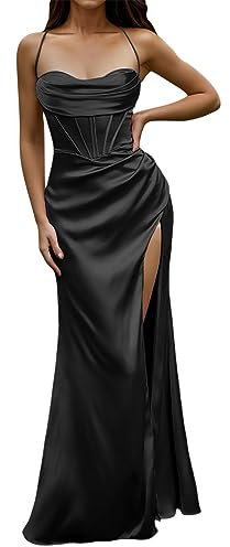 WWricotta Women Sexy Satin Corset Maxi Dress Silky Strap Push Up Fishbone Ruched Evening Party Long Dresses Formal Occasion Dress Fitted Formal Dresses for Women Black