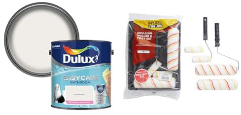 Dulux 500001 Easycare Bathroom Soft Sheen Emulsion Paint For Walls And Ceilings - Pure Brilliant & Fit For The Job 7 piece Emulsion Paint Roller Set, 2x 9 inch & 2x Mini Paint Rollers, Frames & Paint