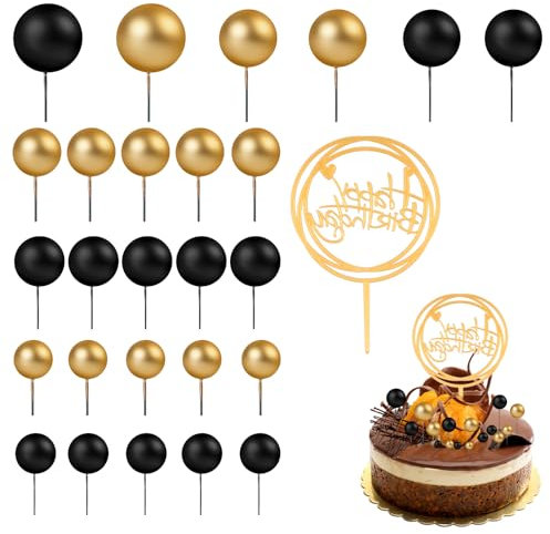Tyqour 27 Stück Tortendeko Kugeln Cake Topper Schwarz Gold Kugeln Torte, Torten Deko Kugel Tortendeko Gold Geburtstag Schaum Ball Einsatz Cake Topper für Geburtstag, Hochzeit, Babyparty
