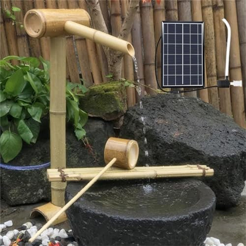 Fontaine solaire d'extérieur en bambou, fontaine à eau et pompe aux accents de bambou, panneau solaire 6 W, filtre à eau et tube d'eau 2 M, fontaine zen Feng Shui, pour pelouse, jardin, arrière-cour,