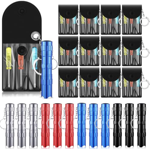 Lanties 24 Pcs Mini Screwdriver Set LED Flashlight Keychains for Men | Bulk Tools Party Favors, Pinata Stuffers, Christmas Coworker Gifts, Keyring Repair Set, Metal Pocket Accessories