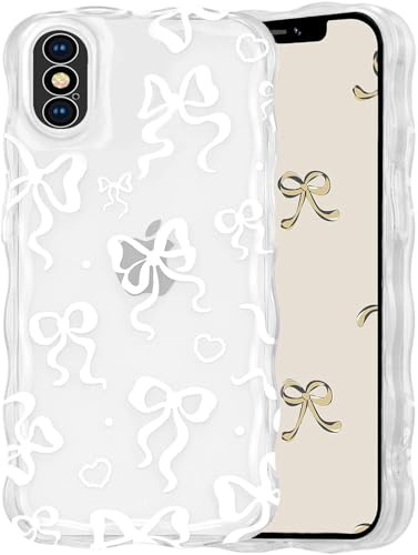 Draamvol for iPhone X, iPhone XS Phone Case, Clear Wave Frame Ribbon Bowknot Pattern for Girls Women Soft Non-Yellowing Shockproof TPU Camera Protective Phone Bumper Cover, White