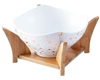 YIORYO Saladier avec support en bois, saladier de service, ustensiles for salades, fruits, soupes, légumes, pâtes, desserts(White)
