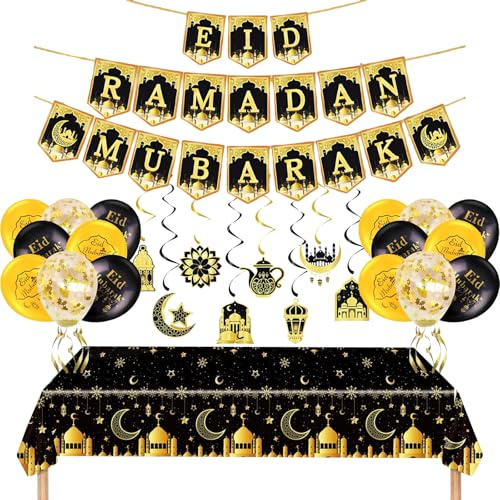 Ramadan Tischdeko, Ramadan Deko, 38 Stück Ramadan Dekoration Umfassen Eid Ramadan Mubarak Banner Spiralen und Ramadan Tischläufer, für Eid Ramadan Mubarak deko Party Deko