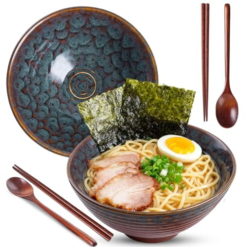 Umllpet 2er Set Ramenschüssel aus Keramik, 1200ml Ramen Schüssel Set mit Essstäbchen und Löffeln, Bowl Schüssel Suppenschüssel Groß für Ramen Suppe Pasta Obstsalat, Pfauenschwanz