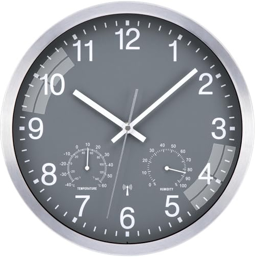 ACCSHINE Funkuhr Wanduhr Ohne Tickgeräusche 30cm Lautlos Batteriebetrieben | Aluminiumrahmen Groß Uhr mit Temperaturanzeige und Luftfeuchtigkeit Quarz für Zimmer Zuhause Küche Badezimmer Büro Schule