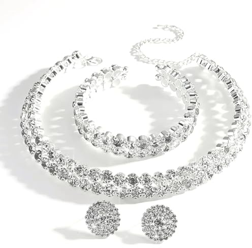 QEXUJOW Colliers pour femme,Ensemble d'accessoires de mariée 3 pièces, mode nuptiale, collier et boucles d'oreilles en forme de larme entièrement sertis de diamants et de zircon, bijoux de mariage.