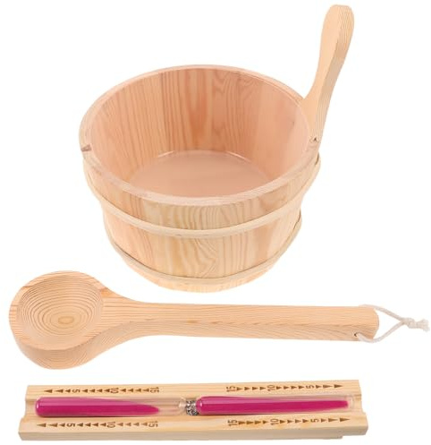 Veemoon Sauna Holzeimer 4l mit Schöpfkelle und Sanduhr Saunazubehör aus Langlebigem Holz mit Ergonomischem Griff für Sauna Spa und Dusche