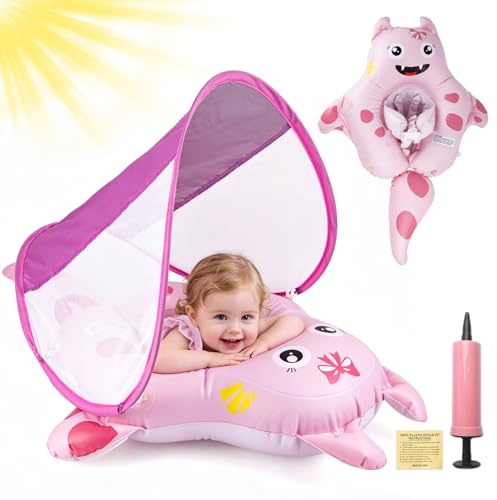 YYSWSAKY Salvagente Neonato con Parasole, Ciambella Neonato Mare UPF50+ Protezione UV, Anti-Ribaltamento, Sedile di Sicurezza Regolabile, Salvagent Gonfiabile Piscina per Bambini da 10 a 36Mesi (Rosa)
