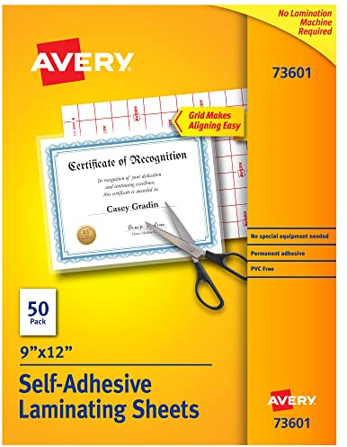 Avery Clear Self-Adhesive Laminating Sheets, 3 mil, 9 x 12, 50/Box