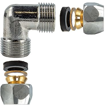 tecuro Quetschverschraubung, Winkel 90°, für Ø 10 mm Kupferrohr, Messing CW617N nach Trinkwasserverordnung 50930-6, glanzverchromt