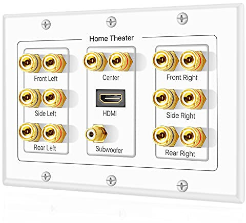 TNP Home Theater Speaker Wall Plate Outlet - 7.1 Surround Sound Audio Distribution Panel, Gold Plated Copper Banana Plug Binding Post Coupler, RCA LFE Jack for Subwoofer, HDMI 4K ARC Full HD (3-Gang)