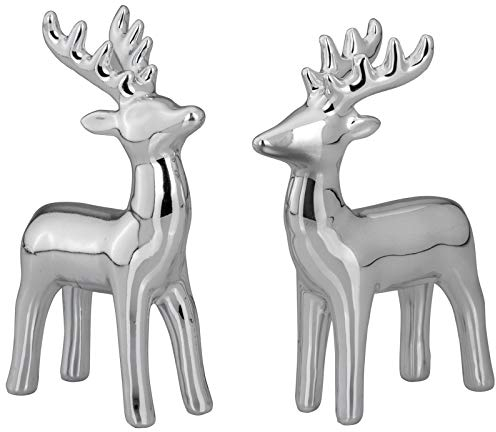Kleine stehende Porzellan Deko Rentier Figur Paar - silbern glänzende Hirsch Geweih Weihnachts-Deko zum Hinstellen Höhe 12 cm