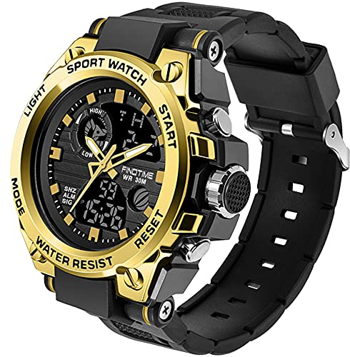 findtime Herren Sport Uhren Militär Outdoor Große Armbanduhr Digital Analog Zwei Zeitzonen LED Kalender Männer Jungen