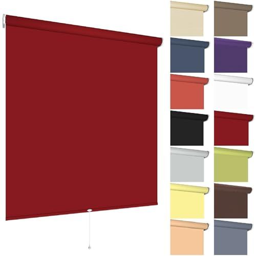 Springrollo Mittelzugrollo Schnapprollo viele Größen und Farben Montage Träger Metall Rollo Vorhang Blickdicht lichtdurchlässig Fenster Sonnenschutz Sichtschutz Blendschutz (90 x 180 cm, Dunkelrot)