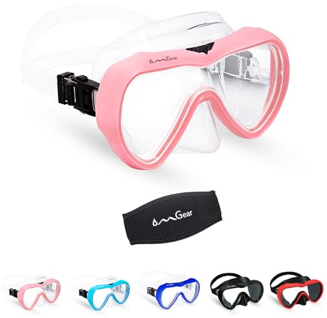 OMGear Dykmask, snorklingsutrustning, barn, vuxna, snorkelmask, dykglasögon, silikon, simglasögon med nässkydd för dykning, spjutfiske, neoprenrem, stötmotstånd (rosa)