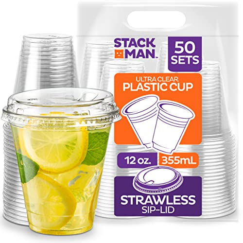 Stack Man - Set di 50 bicchieri trasparenti con coperchio senza fragole, in plastica trasparente da 350 ml, con coperchio