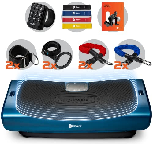 LifePro Rumblex 4D Pro Vibration Plate - Whole Body Vibration Platform Exercise Machine - Home Workout Equipment for Weight Loss, Toning & Wellness - Full Bundle of Bands, Straps & Accessories (Blue)