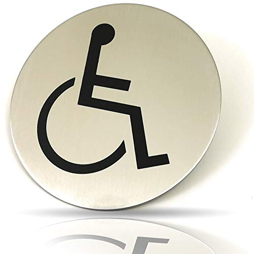 Kerafactum Behinderten WC Schild Rolli Rollstuhl Fahrer Rollstuhlfahrer Toilettenhinweis Hinweisschild Türschild Toiletten Rund aus Edelstahl Matt glänzend Pictogramm rundes Schild Selbstklebend