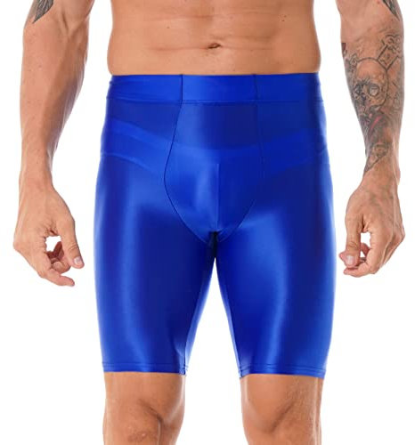 inlzdz Herren Glänzende Leggings Kurze Hose Strumpfhose Shorts Sporthose Kompressionshose Sport Fitness Laufhosen Funktionsunterhose Tights Unterhose Blau XL