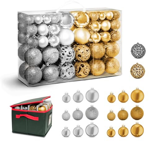 Kraft & Co 100 Bolas de Navidad con Funda de Transporte portátil, Adornos de Navidad Plateados y Dorados, Varios tamaños y Estilos, Juego de Decoraciones de árbol de Navidad, Decoraciones de Navidad