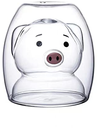 Tasse à double paroi en forme de cochon blanc TREEWOO en verre borosilicate de 200 ml pour boissons chaudes et froides, design animal mignon pour les occasions spéciales