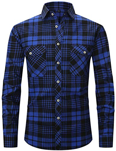 PADOLA Flanelle Chemise Homme Chemises Manches Longues à Carreaux Surchemise Bûcheron Automne Hiver Chaud Veste Haut avec Poche Chemise de Travail (XL, 2 Bleu)