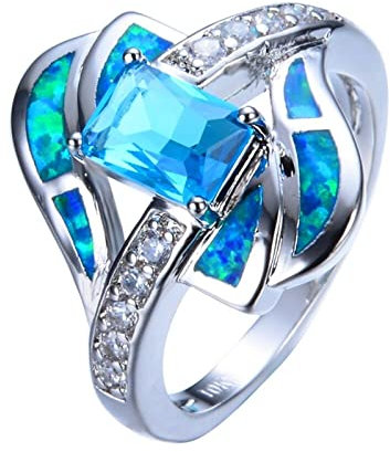 BIOLIVING Weibliche Blaue Ring-Art- Und Weisesilberfarben-feueropal-Ring-Weinlese-Eheringe Für Frauen-Geschenke